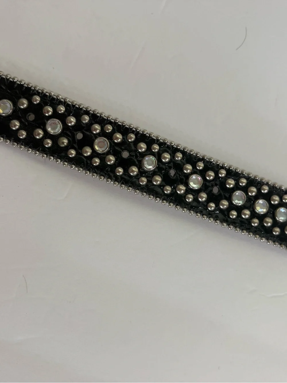 Black & Silver Leather Belt SZ M Sequin Studded Rhinestones Crosses Buckle
